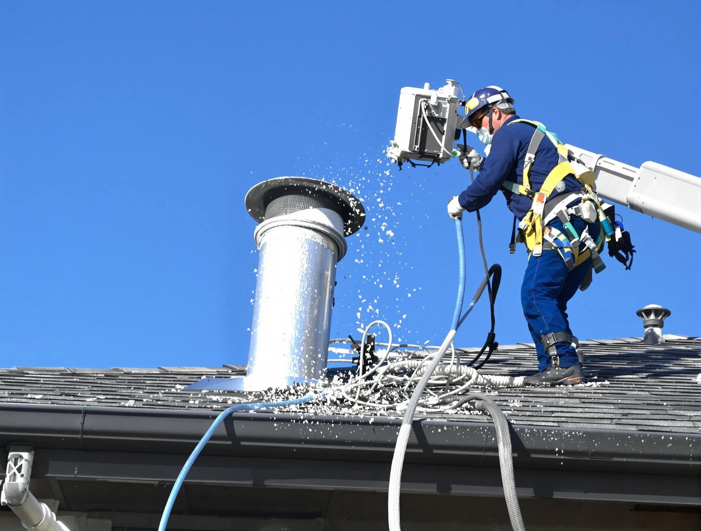 Fort Lee Dryer Vent Cleaning certified technician safely cleaning a roof-mounted dryer vent in Fort Lee