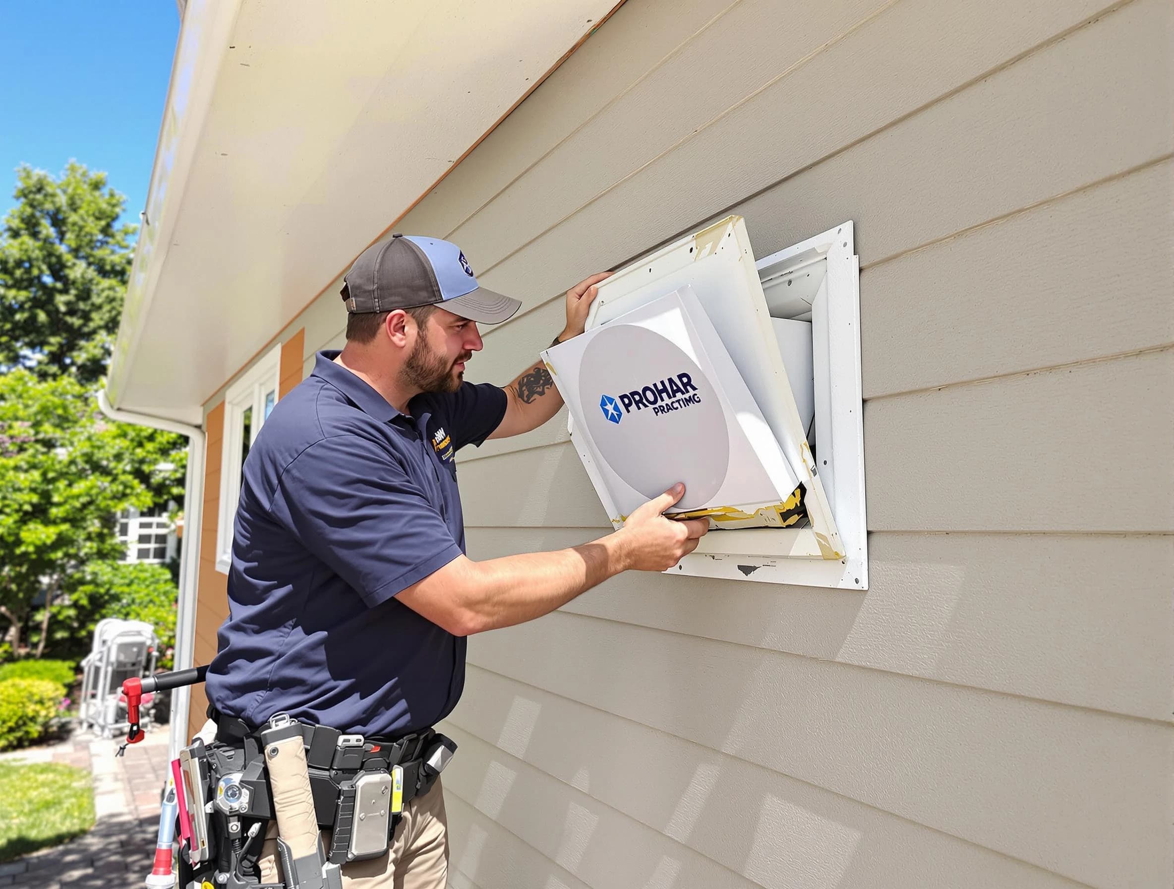 Fort Lee Dryer Vent Cleaning technician installing a new protective dryer vent cover on a home in Fort Lee