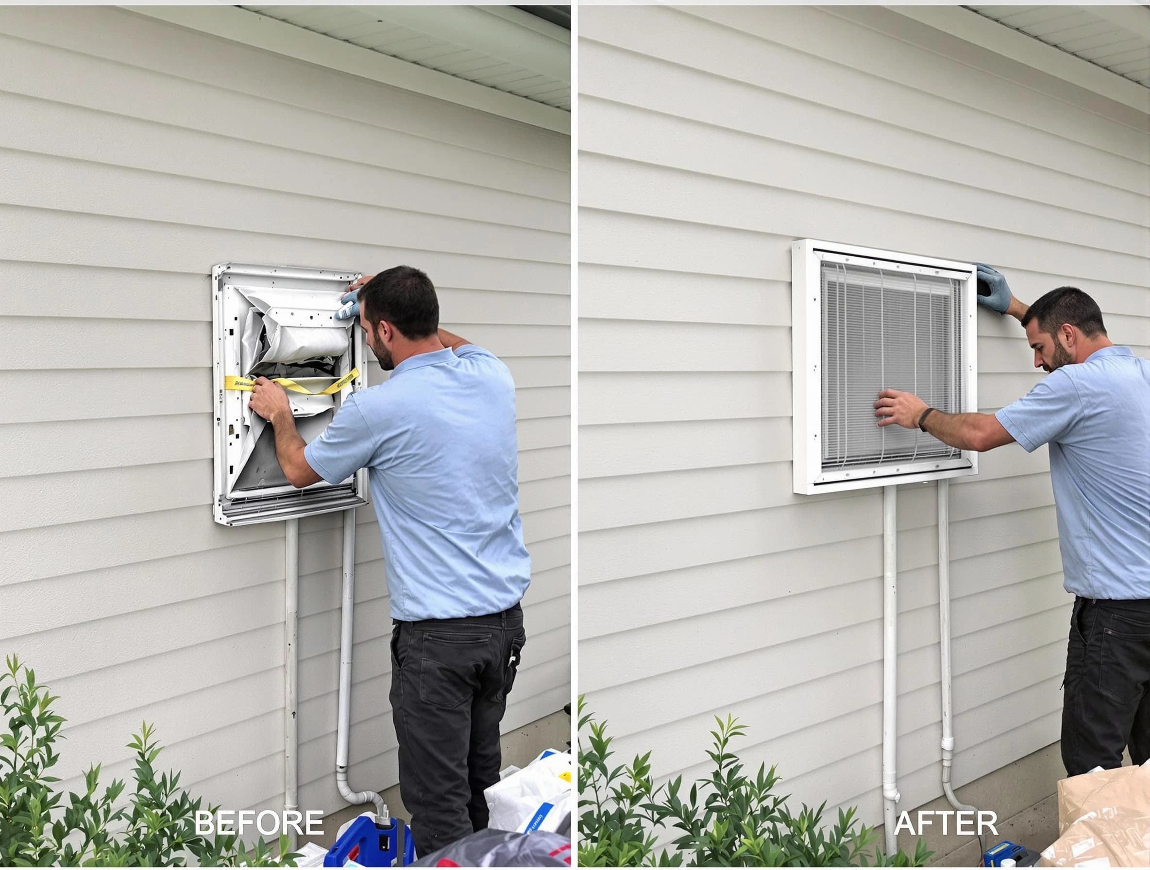 Fort Lee Dryer Vent Cleaning technician installing high-quality dryer vent cover at a residential property in Fort Lee